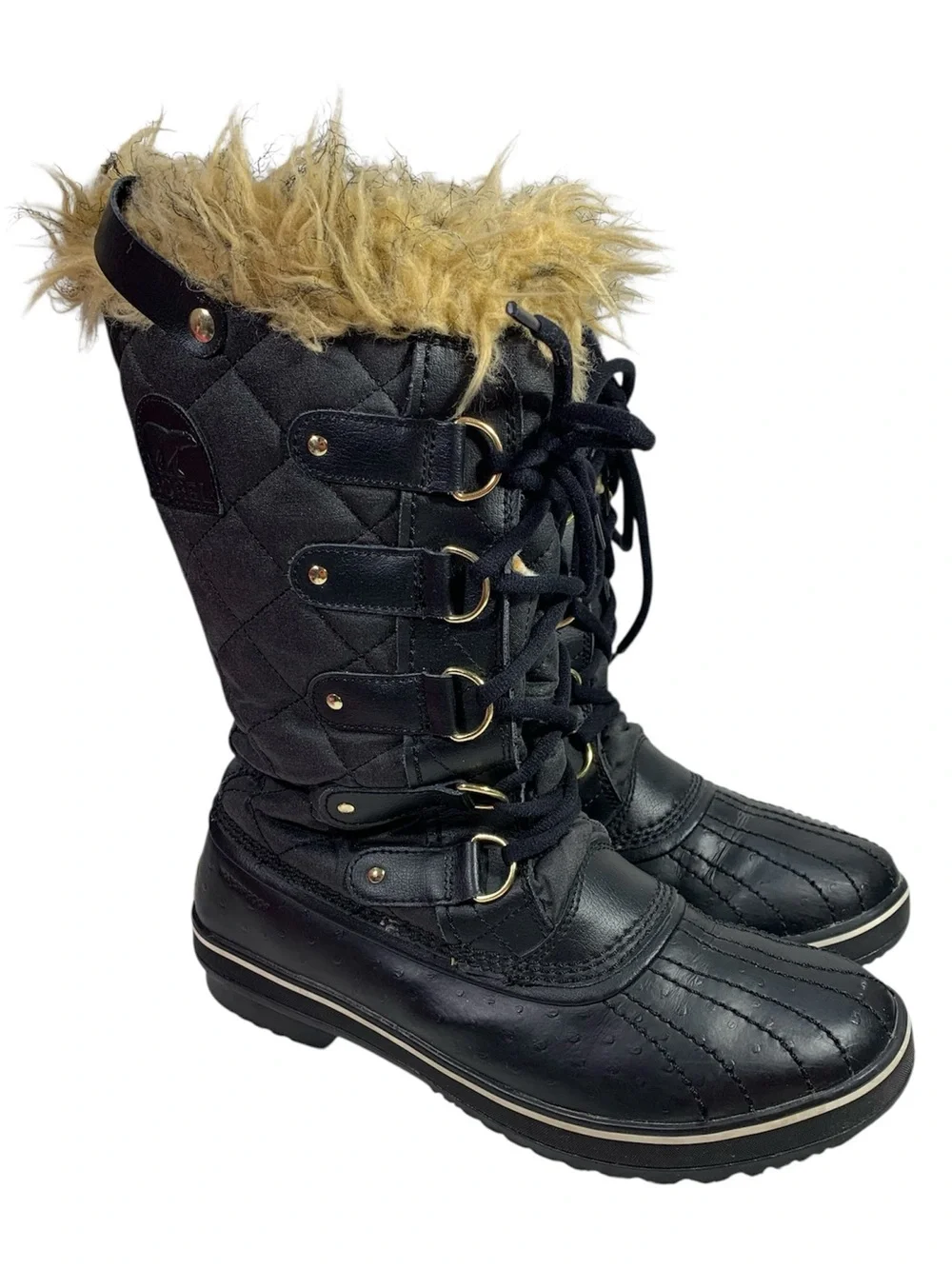 Sorel Tofino Canvas Winter Waterproof Lace Up Black Boots Faux Fur TanTrim 9.5